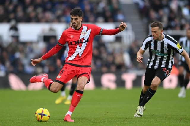 Rayo player Alejandro Catena in action during the friendly match between Newcastle United and Rayo Vallecano at St James' Park on December 17, 2022 in Newcastle upon Tyne, England. (Photo by Stu Forster/Getty Images)