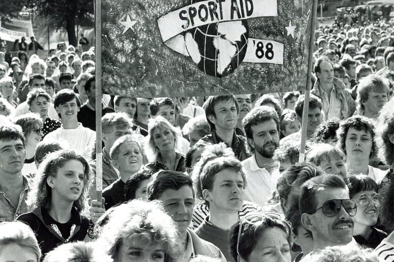 People enjoying the concerts in Hillsborough Park, Sheffield for Sport Aid 88, a campaign for African famine relief