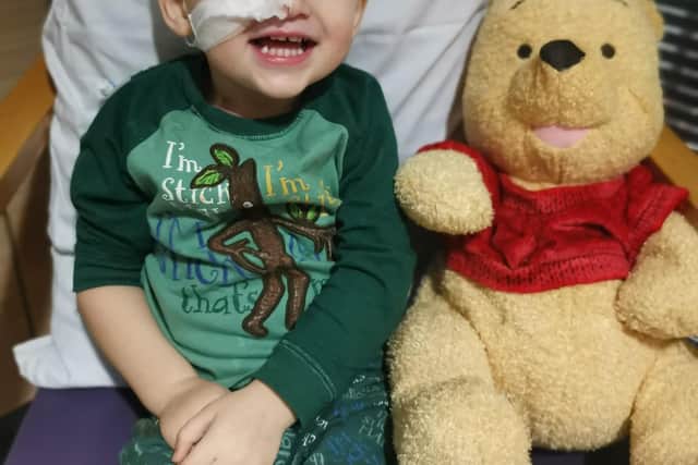Ivor, 21 months, has a feeding tube while he undergoes chemotherapy