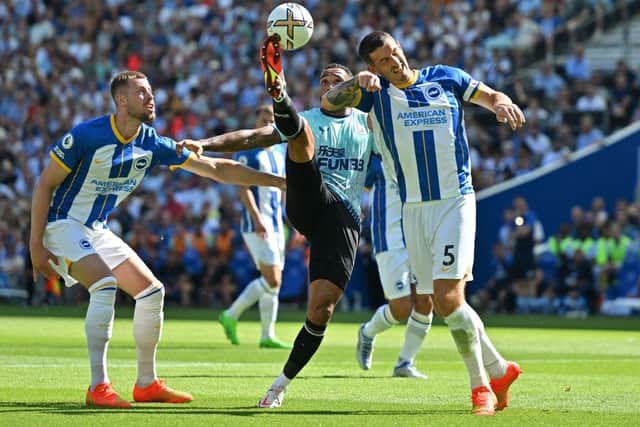 Newcastle United's English striker Callum Wilson (C) vies with Brighton's English defender Adam Webster (L) and Brighton's English defender Lewis Dunk (R) during the English Premier League football match between Brighton and Hove Albion and Newcastle United at the American Express Community Stadium in Brighton, southern England on August 13, 2022.(Photo by GLYN KIRK/AFP via Getty Images)