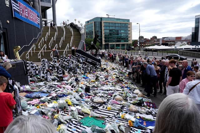 Tributes outside St James' Park, Newcastle to former England forward and manager Kevin Keegan. PIC: Annabel Lee-Ellis/PA Wire
