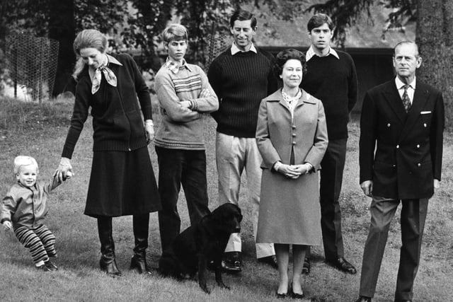 (left to right) Peter Phillips,the Princess Royal, the Earl of Wessex, the Prince of Wales, Queen Elizabeth II, the Duke of York and the Duke of Edinburgh at Balmoral Castle.20/11/79