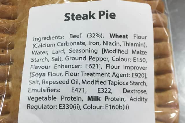 Steak pie packaging displaying clear allergen information.