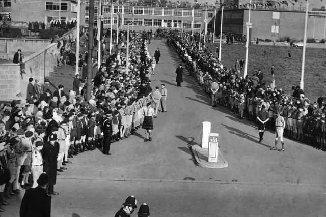 Crowds in College Drive waiting for the arrival of the Duke of Edinburgh to officially open the South Shields Marine and Technical College in March 1964.