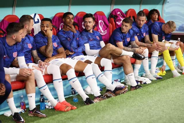 England players look on from the bench during the FIFA World Cup Qatar 2022 Round of 16 match between England and Senegal at Al Bayt Stadium on December 04, 2022 in Al Khor, Qatar. (Photo by Julian Finney/Getty Images)