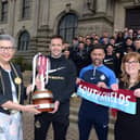 Mayor of South Tyneside Cllr Pat Hat, and Mayorerss Jean Copp, welcome South Shields Football Club to South Shields Town Hall.