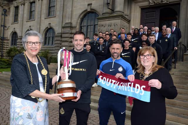 Mayor of South Tyneside Cllr Pat Hat, and Mayorerss Jean Copp, welcome South Shields Football Club to South Shields Town Hall.