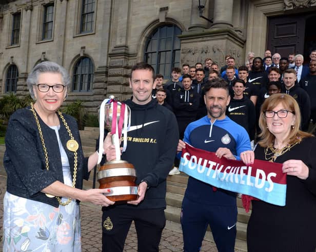 Mayor of South Tyneside Cllr Pat Hat, and Mayorerss Jean Copp, welcome South Shields Football Club to South Shields Town Hall.