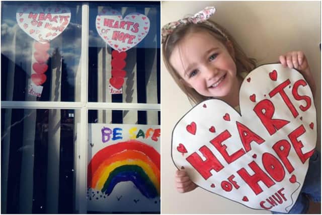 Some of the colourful 'Hearts of Hope' which show support for CHUF.