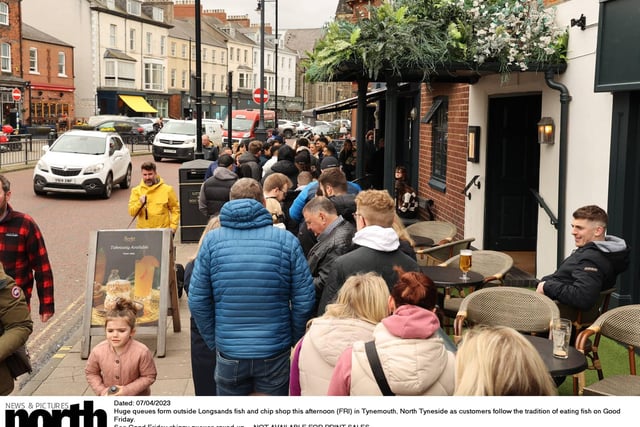 Huge queues form outside Longsands fish and chip shop this afternoon (FRI) in Tynemouth, North Tyneside as customers follow the tradition of eating fish on Good Friday.