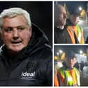 Image of West Brom manager Steve Bruce (Getty), screenshots from video from Andrew Beaven (@andybaggie)