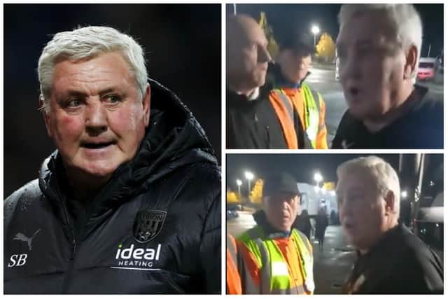 Image of West Brom manager Steve Bruce (Getty), screenshots from video from Andrew Beaven (@andybaggie)