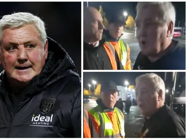 Image of West Brom manager Steve Bruce (Getty), screenshots from video from Andrew Beaven (@andybaggie)