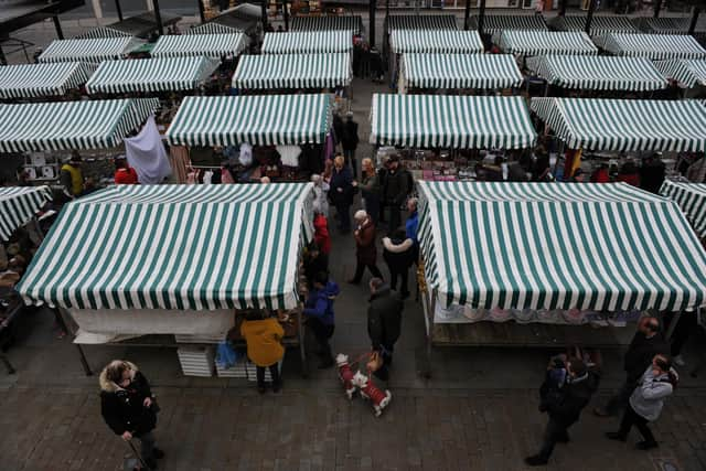 South Shields Market Place with stalls and shoppers before the lockdown.