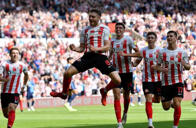 Elliot Embleton celebrates his stunning goal at the Stadium of Light
