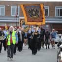 Jarrow's Rebel Town Festival - Felling Band leads the banner procession in 2021.
