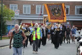Jarrow's Rebel Town Festival - Felling Band leads the banner procession in 2021.