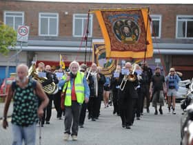 Jarrow's Rebel Town Festival - Felling Band leads the banner procession in 2021.