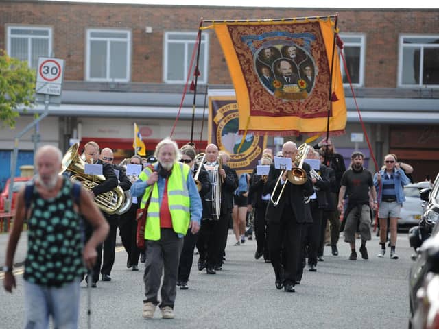Jarrow's Rebel Town Festival - Felling Band leads the banner procession in 2021.
