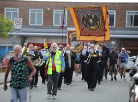 Jarrow's Rebel Town Festival - Felling Band leads the banner procession in 2021.