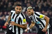 Newcastle United striker Callum Wilson celebrates scoring his first goal against West Ham United.
