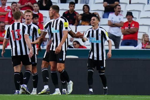 Miguel Almiron of Newcastle United FC celebrates with teammates after scoring a goal during the Eusebio Cup match between SL Benfica and Newcastle United at Estadio da Luz on July 26, 2022 in Lisbon, Portugal.  (Photo by Gualter Fatia/Getty Images)