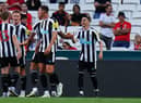 Miguel Almiron of Newcastle United FC celebrates with teammates after scoring a goal during the Eusebio Cup match between SL Benfica and Newcastle United at Estadio da Luz on July 26, 2022 in Lisbon, Portugal.  (Photo by Gualter Fatia/Getty Images)