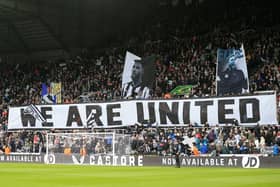 Newcastle fans waves flags in the crowd before the English Premier League football match between Newcastle United and Wolverhampton Wanderers at St James' Park in Newcastle-upon-Tyne, north-east England on March 12, 2023. (Photo by Lindsey Parnaby / AFP)
