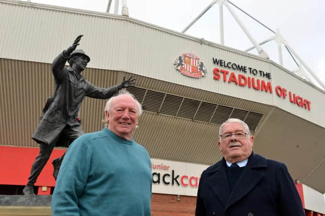 Micky Horswill and Bobby Kerr at the statue to Bob Stokoe