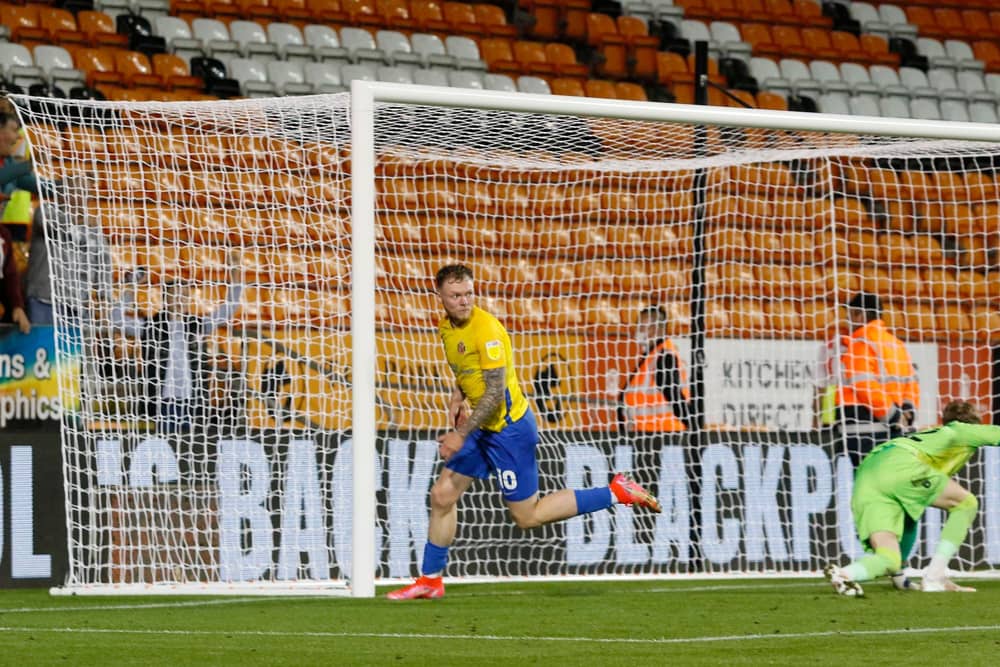 Aiden O'Brien celebrates scoring Sunderland's winning goal at Blackpool.
