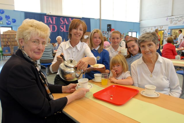 Joan Christie was enjoying a cup of tea with teacher Elaine Miller at Westoe Crown School in 2007, while pupils Rachel Coates, Hannah Bays, Courtney Wiberg, Ruby Bunnie looked on, Grandmother Catherine Binnie is also pictured.