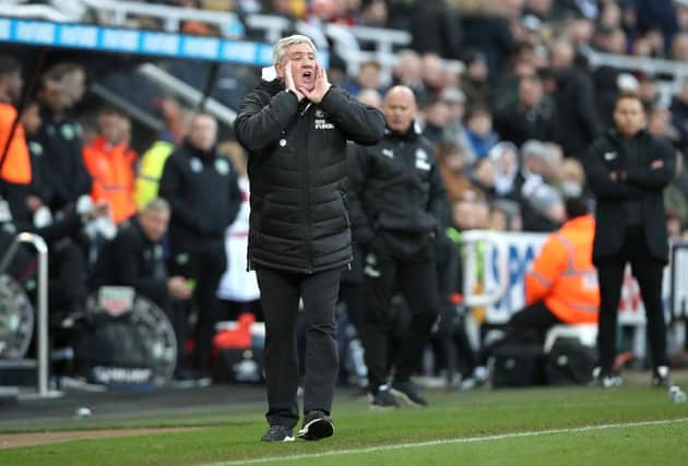 NEWCASTLE UPON TYNE, ENGLAND - FEBRUARY 29: Steve Bruce, Manager of Newcastle United shouts instructions during the Premier League match between Newcastle United and Burnley FC at St. James Park on February 29, 2020 in Newcastle upon Tyne, United Kingdom. (Photo by Ian MacNicol/Getty Images)