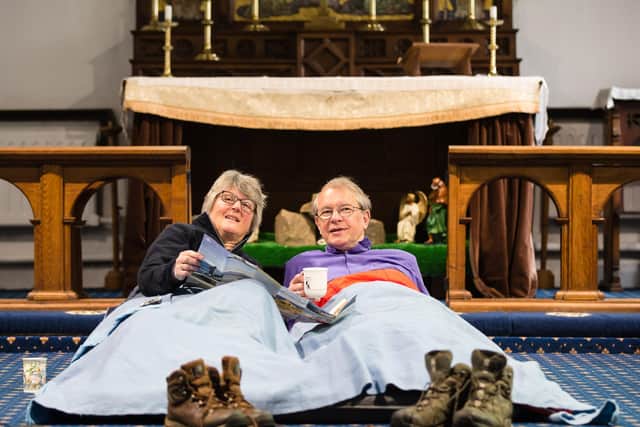 Bishop Paul and Rosemary wake from their night sleeping in St Mary Magdalene Church in Trimdon, enjoying a cup of tea.