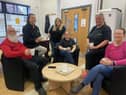 Katherine Mason-Gage manager of the Marsden Home Hub. (Standing centre) with staff Frank, Janet, Sherina, Margaret and Janet Picture by FRANK REID'