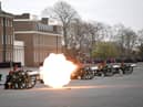 Members of the King's Troop Royal Horse Artillery fire a 41-round gun salute at Woolwich Barracks in London, to mark the death of the Duke of Edinburgh. Picture: Daniel Leal-Olivas/PA Wire.