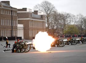 Members of the King's Troop Royal Horse Artillery fire a 41-round gun salute at Woolwich Barracks in London, to mark the death of the Duke of Edinburgh. Picture: Daniel Leal-Olivas/PA Wire.