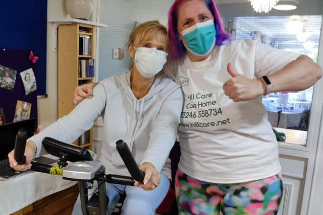 Eleanor Oley (left), a family member of Willowdene Care Home resident Eleanor Rundel, 92, and activities coordinator Claire Wade during a charity cycle for suicide prevention charity Samaritans.