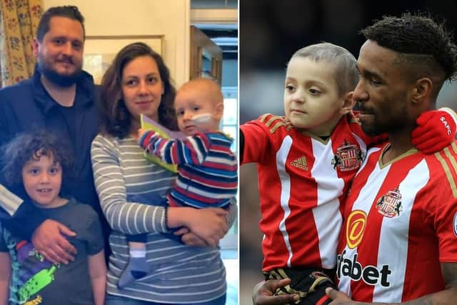 Left, Rocco Troiano pictured with his family and right, Jermain Defoe with Bradley Lowery.