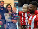 Left, Rocco Troiano pictured with his family and right, Jermain Defoe with Bradley Lowery.