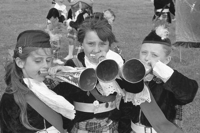 Julie Robson, Alison Ramshaw and Gillian Mountain, members of Boldon Colliery Highlanders jazz band, pictured in 1975.