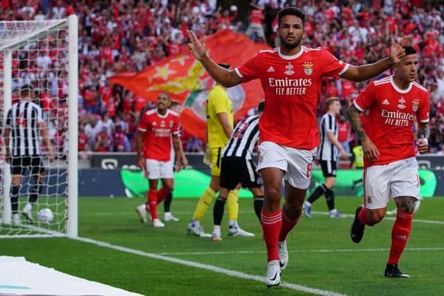 Goncalo Ramos of SL Benfica celebrates after scoring a goal during the Eusebio Cup match between SL Benfica and Newcastle United at Estadio da Luz on July 26, 2022 in Lisbon, Portugal.  (Photo by Gualter Fatia/Getty Images)