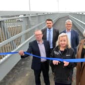 Official opening of the Downhill Lane footbridge. From left Sunderland Council Group Enginer Paul Muir, Costain Project Manager Mark Denham, National Highways Project Manager Helen Burrow, National Highways Regional Delivery Director Tim Gamon and South Tyneside Council Deputy Leader Coun Joan Atkinson.