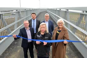 Official opening of the Downhill Lane footbridge. From left Sunderland Council Group Enginer Paul Muir, Costain Project Manager Mark Denham, National Highways Project Manager Helen Burrow, National Highways Regional Delivery Director Tim Gamon and South Tyneside Council Deputy Leader Coun Joan Atkinson.