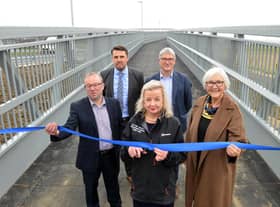 Official opening of the Downhill Lane footbridge. From left Sunderland Council Group Enginer Paul Muir, Costain Project Manager Mark Denham, National Highways Project Manager Helen Burrow, National Highways Regional Delivery Director Tim Gamon and South Tyneside Council Deputy Leader Coun Joan Atkinson.