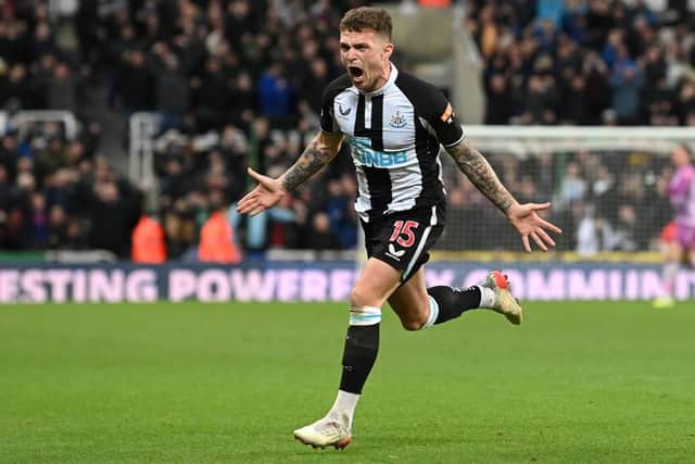 Newcastle player Kieran Trippier celebrates after scoring the third goal from a free kick during the Premier League match between Newcastle United  and  Everton at St. James Park on February 08, 2022 in Newcastle upon Tyne, England. (Photo by Stu Forster/Getty Images)