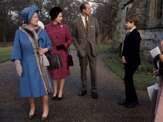Queen Elizabeth II, accompanied by the Queen Mother, the Duke of Edinburgh and Prince Edward, at the Royal Chapel in Windsor Great Park when they attended a morning service commemorating the 25th anniversary of her accession to the Throne . 06/02/77