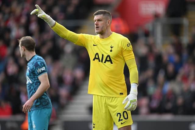Fraser Forster of Tottenham Hotspur gestures during the Premier League match between Southampton FC and Tottenham Hotspur at Friends Provident St. Mary's Stadium on March 18, 2023 in Southampton, England. (Photo by Mike Hewitt/Getty Images)