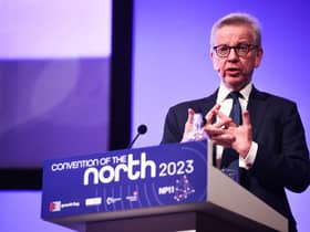 Michael Gove, Secretary of State for Levelling Up, Housing and Communities, speaking at the Convention of the North in Manchester. PIC: James Speakman/PA Wire