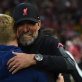 Liverpool manager Jurgen Klopp embraces his Newcastle United counterpart Eddie Howe at Anfield earlier this season.