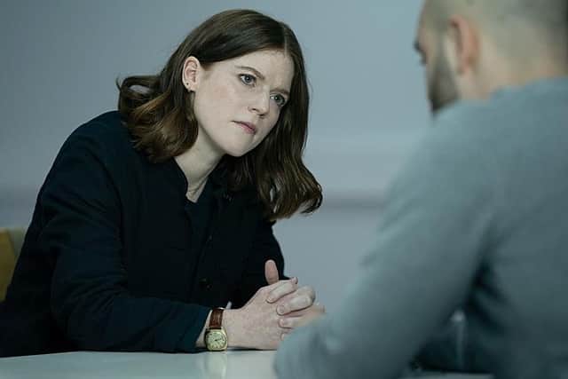 DI Kirsten Longacre (Rose Leslie) questions a suspect in the new series of Vigil, which began on BBC1 this week (Picture: BBC/World Productions)